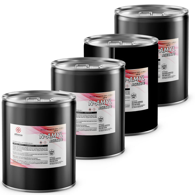 4x5-gallon industrial N-Amyl Acetate in black steel drums, Alliance Chemical branded