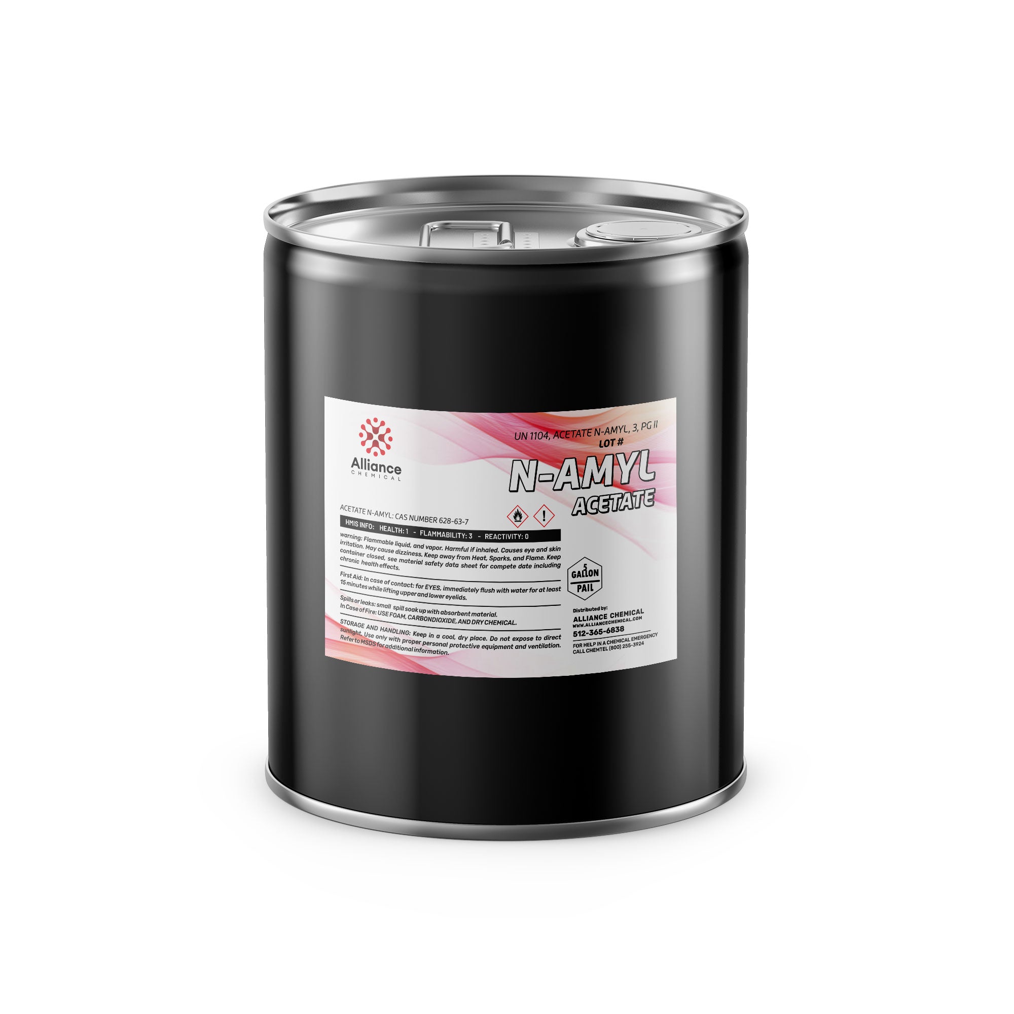 5-gallon black steel drum of N-Amyl Acetate solvent from Alliance Chemical, displaying UN1104 hazard class 3 flammability label and safety information sheet.