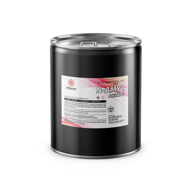 Alliance Chemical 5-gallon black steel drum of N-Amyl Acetate solvent, displaying