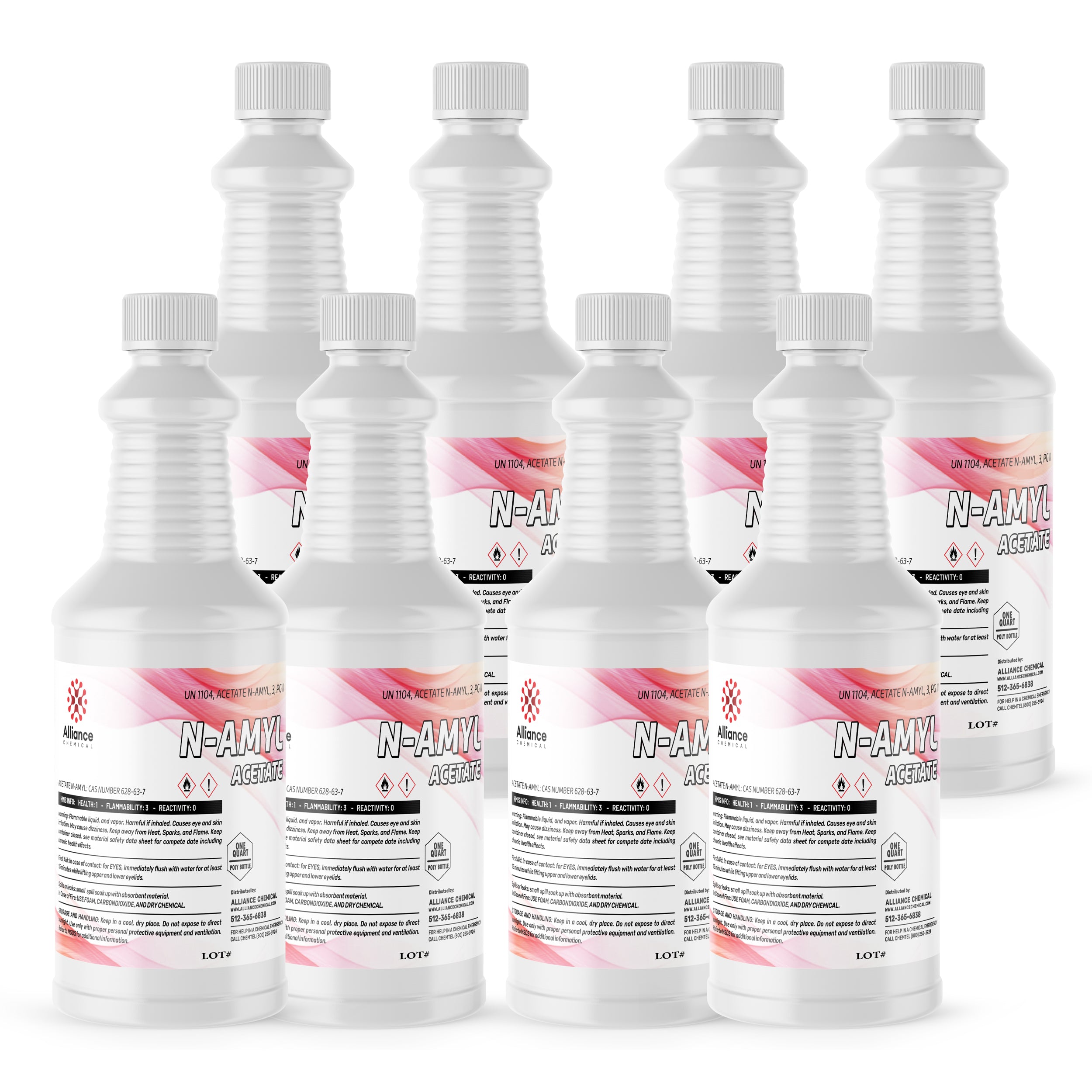 8x1 quart N-Amyl Acetate in white HDPE bottles, UN1104 labeled with flammability warnings, Alliance Chemicals industrial-grade solvent.