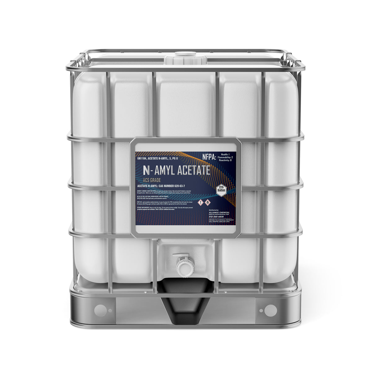 Alliance Chemical 275-gallon tote of Amyl Acetate ACS Grade with a metal cage, spigot, and product label.