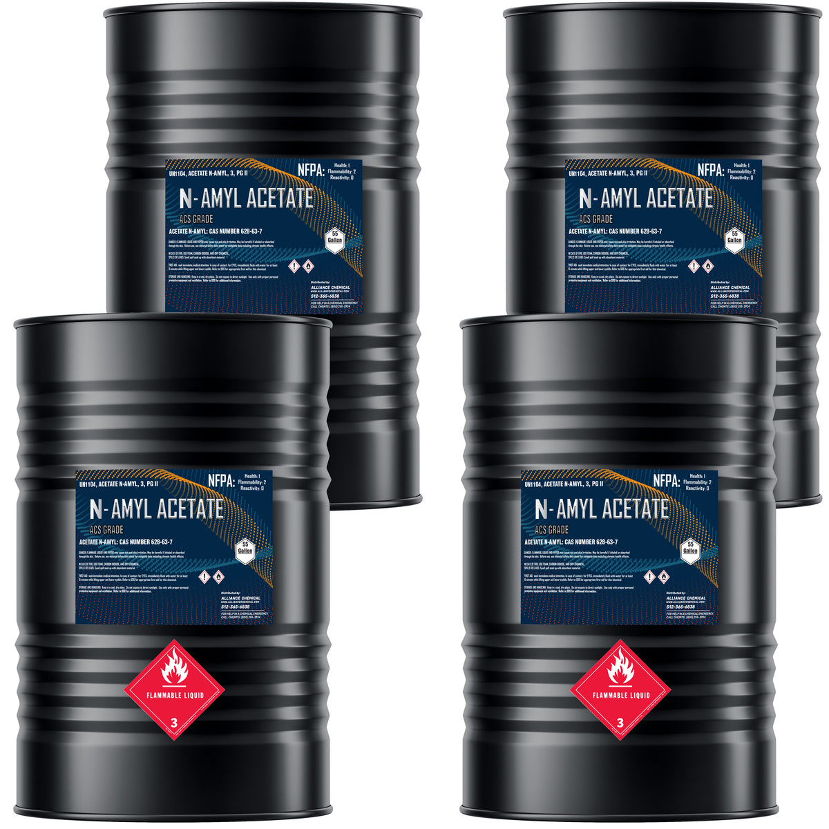 Four 55-gallon steel drums of Alliance Chemical Amyl Acetate ACS Grade with blue labels and ribbed exteriors.