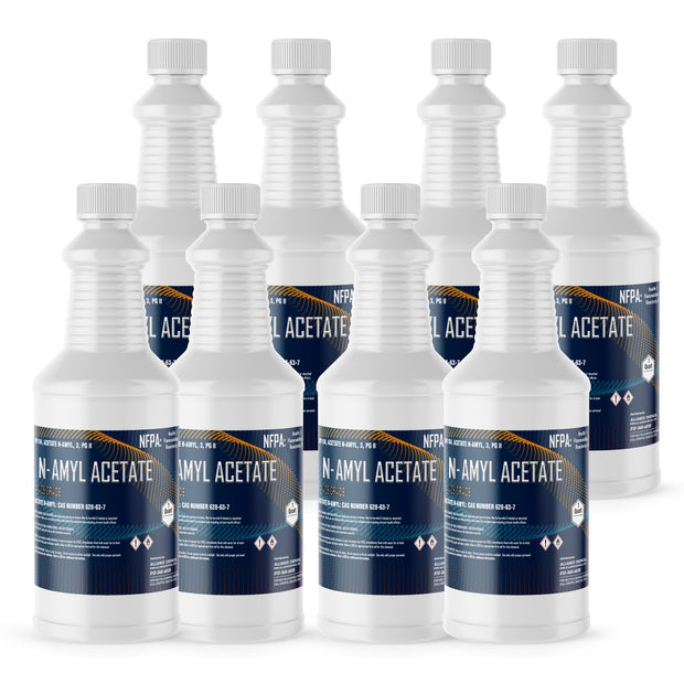 Eight Alliance Chemical 1-quart HDPE bottles of Amyl Acetate ACS Grade with white screw caps and product label.