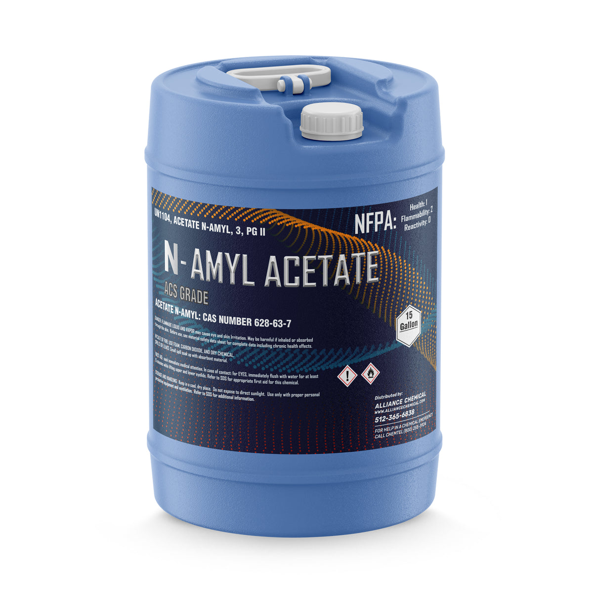15-gallon HDPE drum of Alliance Chemical Amyl Acetate ACS Grade with a white cap and integrated handle.