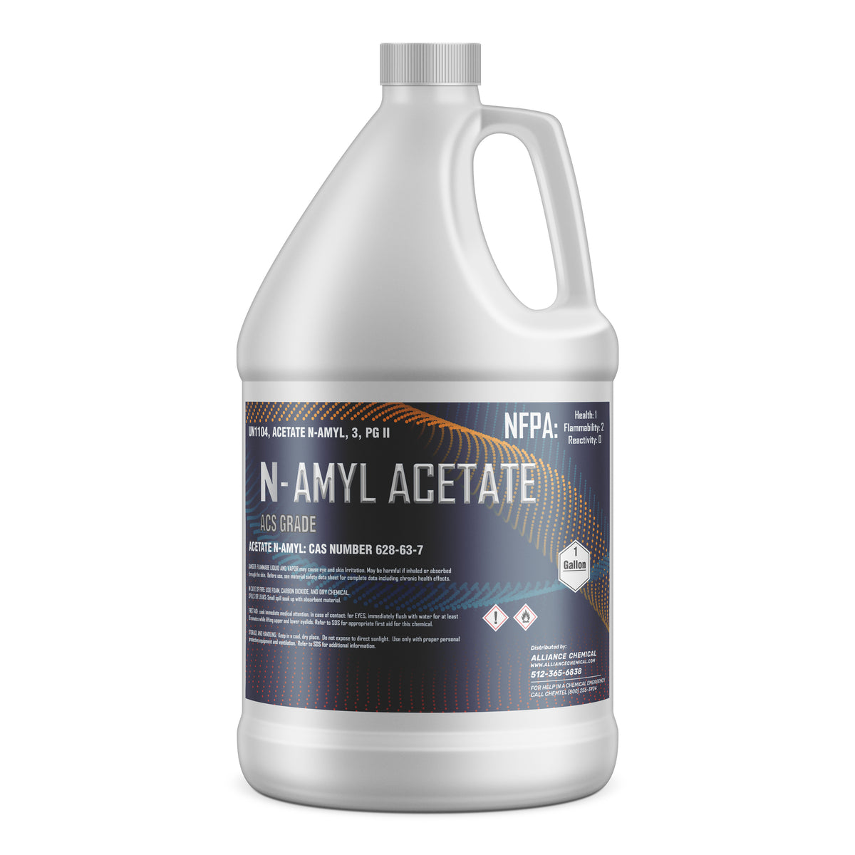 One-gallon N-Amyl Acetate ACS grade in HDPE jug, with NFPA diamond, Alliance Chemical label