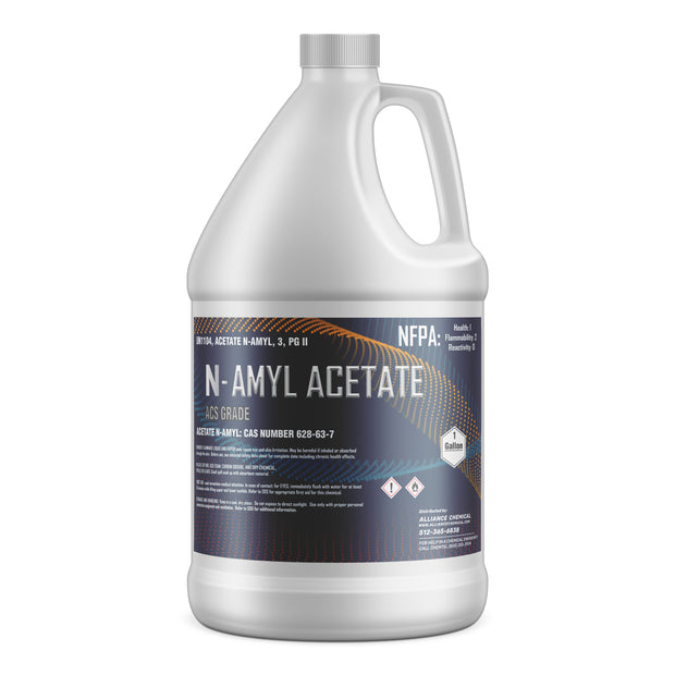 One-gallon N-Amyl Acetate ACS grade in HDPE jug, with NFPA diamond, Alliance Chemical label