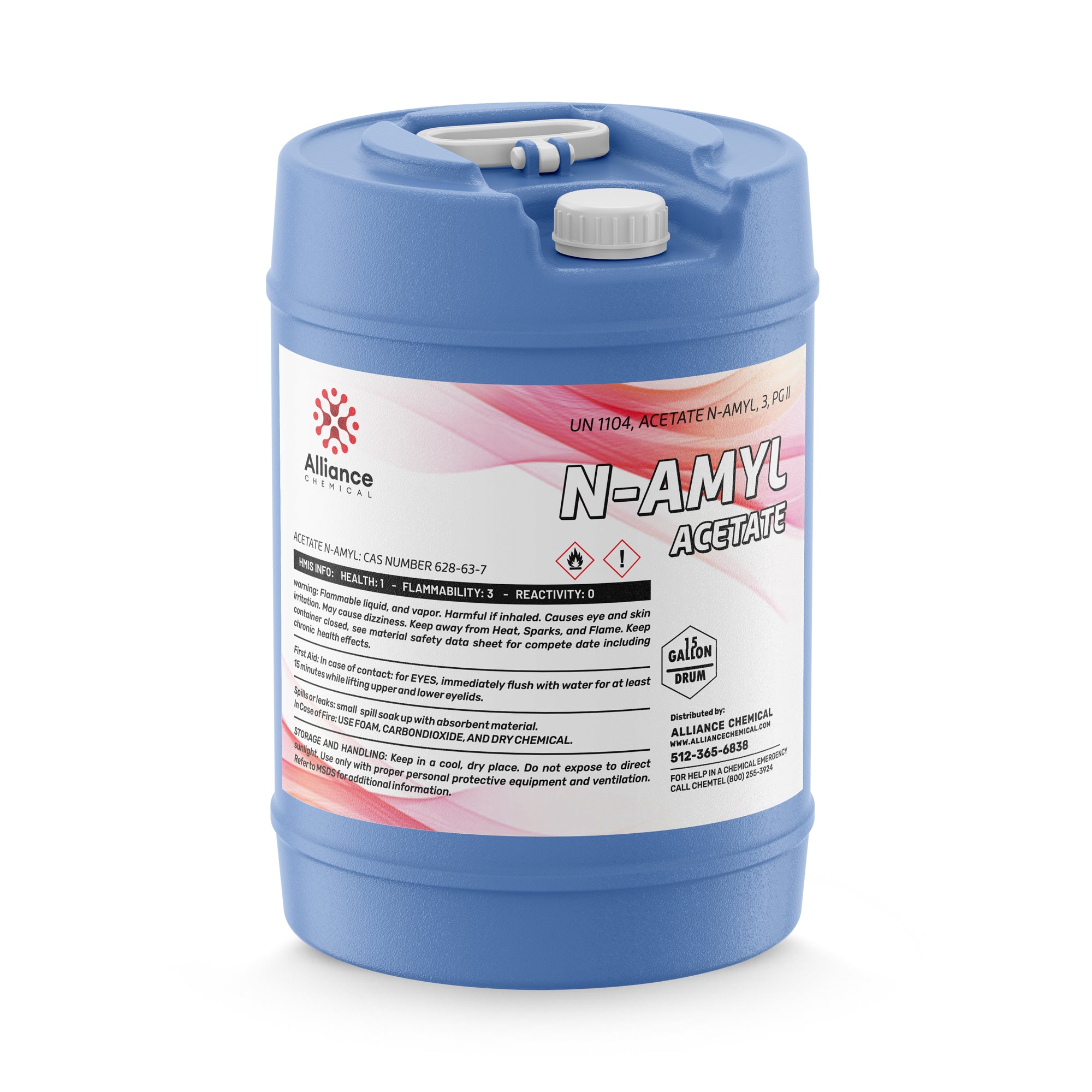 5-gallon blue HDPE carboy of N-Amyl Acetate (UN 1104) with flammability warning symbols, CAS 628-63-7, and safety data label.