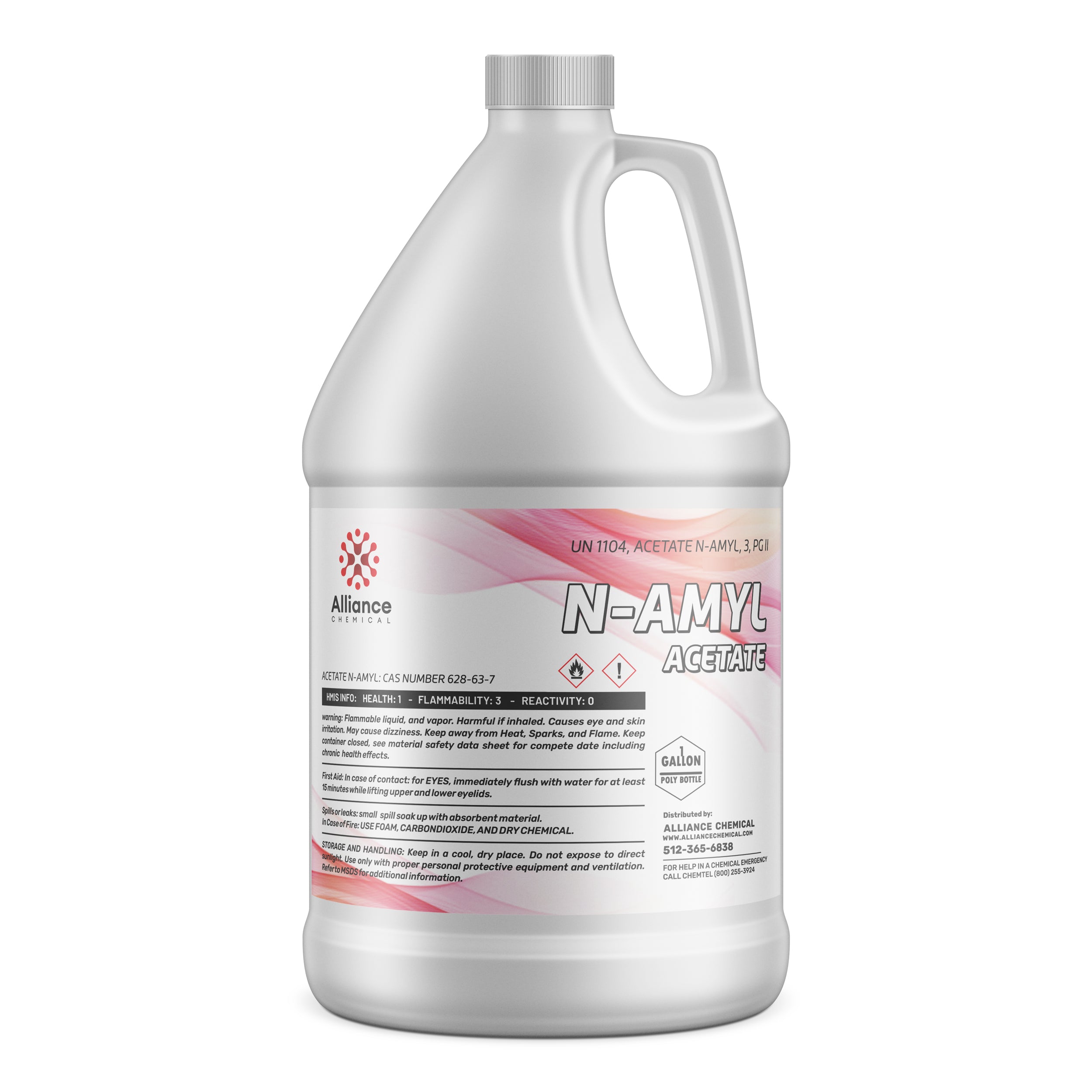 One-gallon industrial N-amyl acetate in white HDPE jug, Alliance Chemical branded, displaying UN1104 code, flammability warnings, and safety data symbols on pink-gradient label.