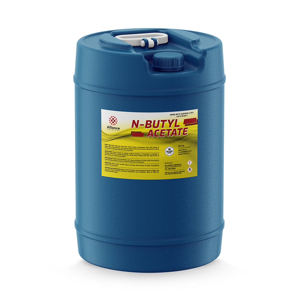 15-gallon blue HDPE drum of N-Butyl Acetate solvent from Alliance Chemical with NFPA diamond warning label and secure screw cap.