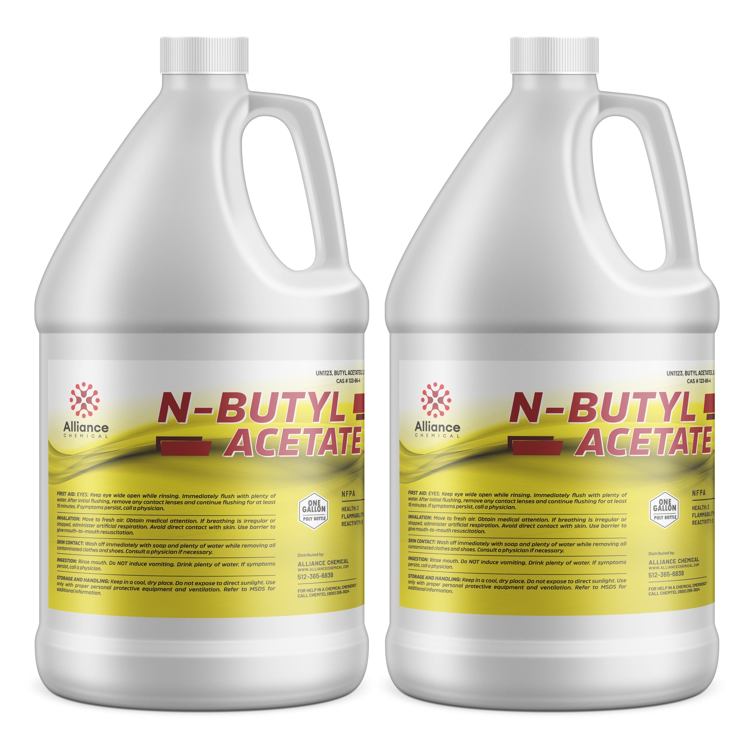 2-gallon HDPE jugs of N-Butyl Acetate by Alliance Chemical, featuring yellow safety labels, first aid instructions, and NFPA hazard warnings.