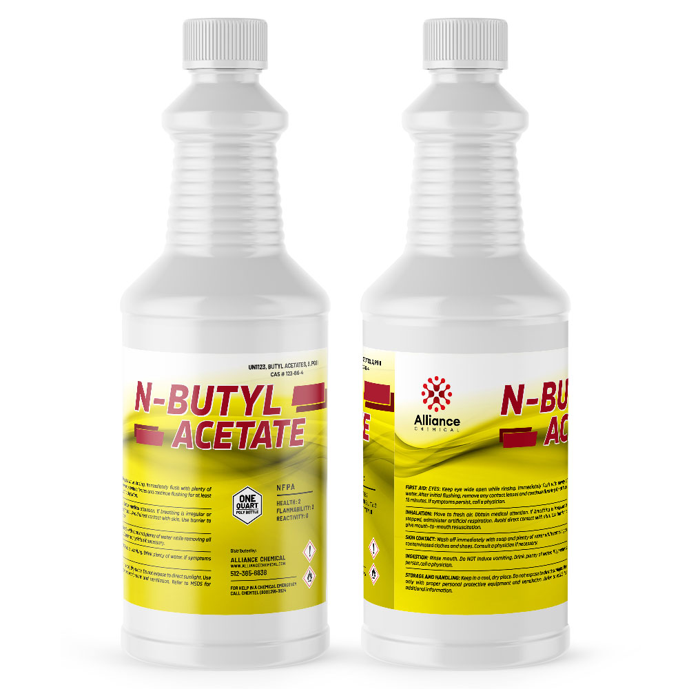 1-quart plastic bottles of N-Butyl Acetate industrial solvent with yellow hazard warning labels, NFPA diamond, and ribbed safety caps.