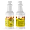 1-quart plastic bottles of N-Butyl Acetate industrial solvent with yellow hazard warning labels, NFPA diamond, and ribbed safety caps.