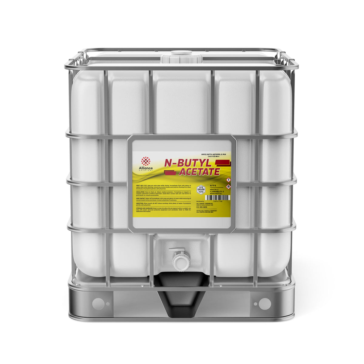 275-gallon IBC tote of N-Butyl Acetate solvent in white poly container , NFPA diamond label, Alliance Chemical branding