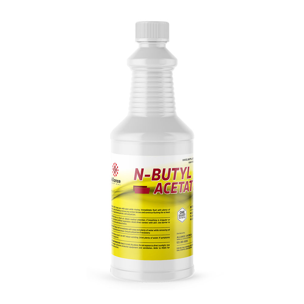 1L white HDPE bottle of industrial N-Butyl Acetate solvent with yellow safety label, ribbed grip design and child-resistant cap.