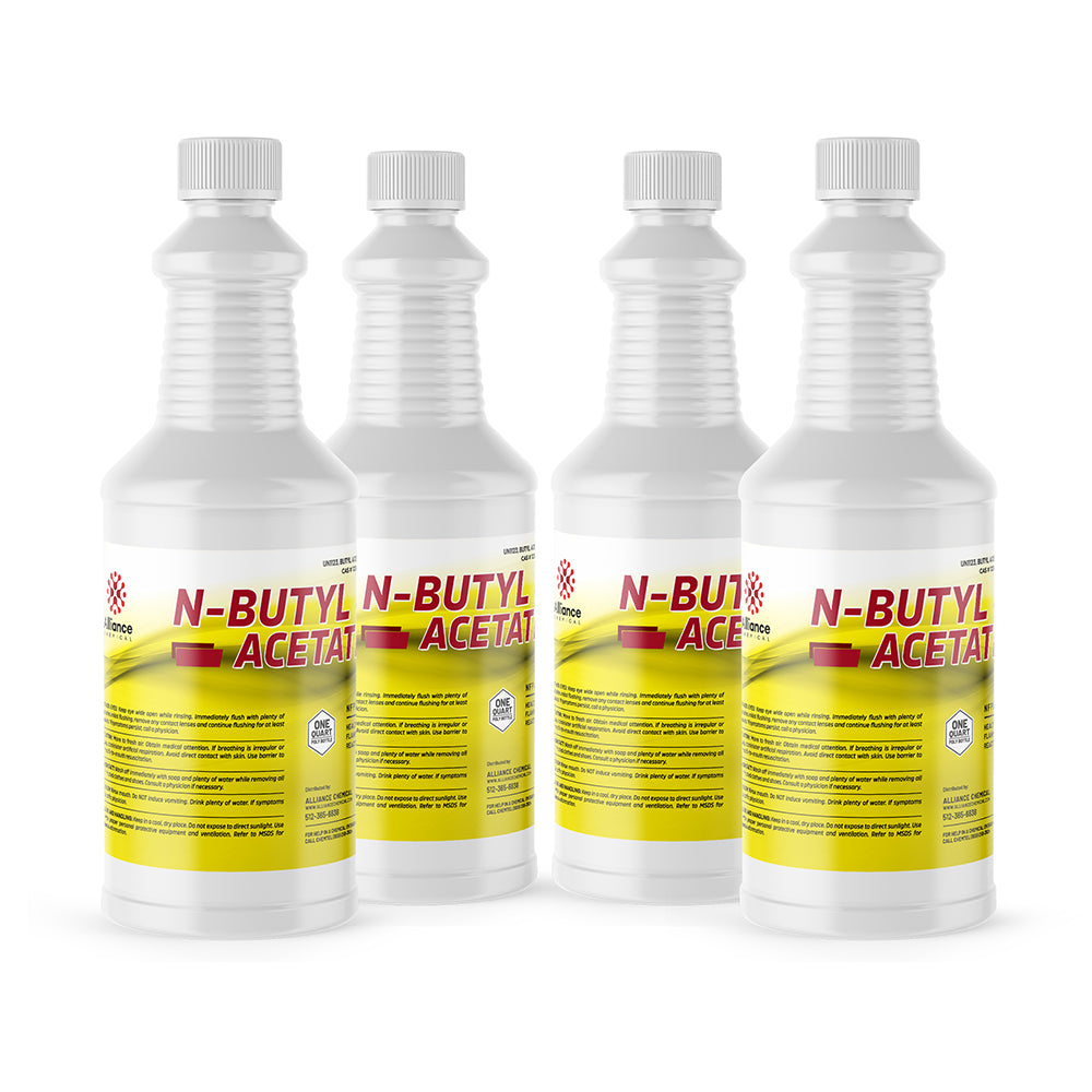 32 oz white HDPE bottles of N-Butyl Acetate industrial solvent with safety warnings on yellow label, ribbed design and child-resistant caps.