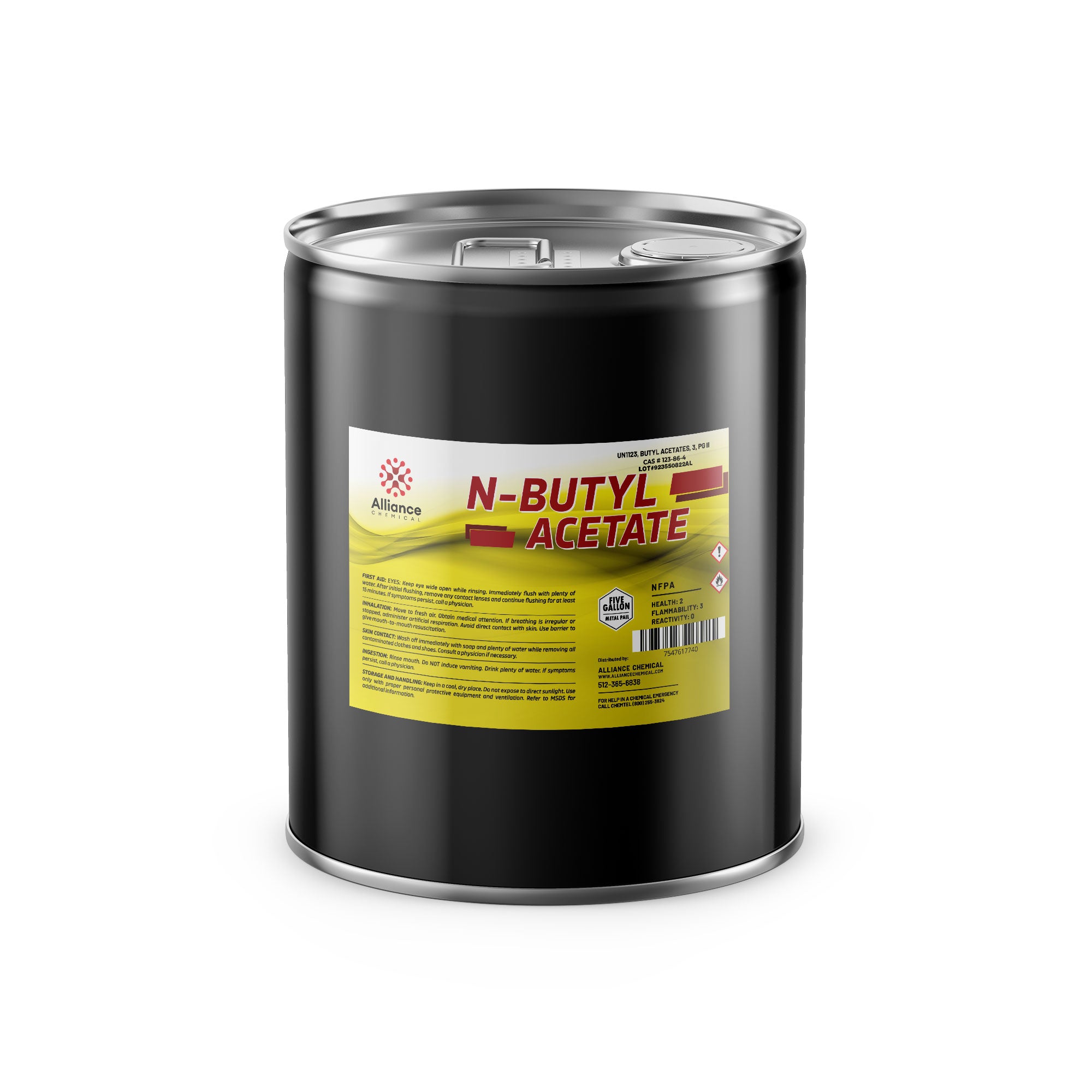 5-gallon steel drum of N-Butyl Acetate solvent by Alliance Chemical, black container with yellow label displaying NFPA diamond hazard symbols.