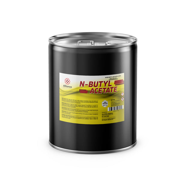 5-gallon steel drum of Alliance Chemical N-Butyl Acetate solvent, black container with yellow label displaying NFPA diamond