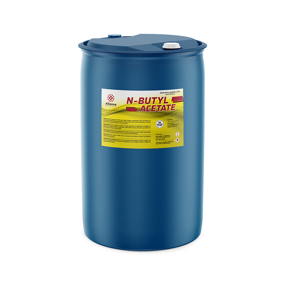 55-gallon blue plastic drum of industrial N-Butyl Acetate solvent with Alliance Chemical label, hazard symbols, and secure lid fittings.