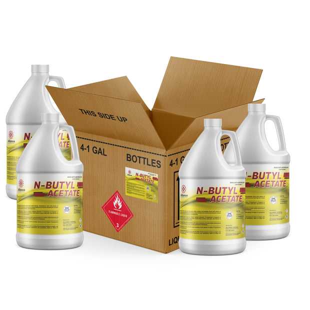 Four 1-gallon HDPE jugs of Alliance Chemical N-Butyl Acetate with white caps, handles, and product labels in a cardboard box.