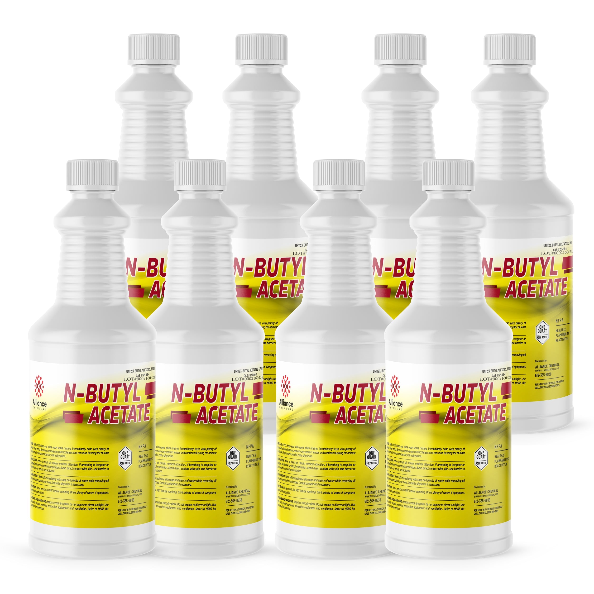 8x1 quart N-Butyl Acetate in ribbed white HDPE bottles with yellow safety labels, Alliance Chemical industrial solvent, NFPA warnings.