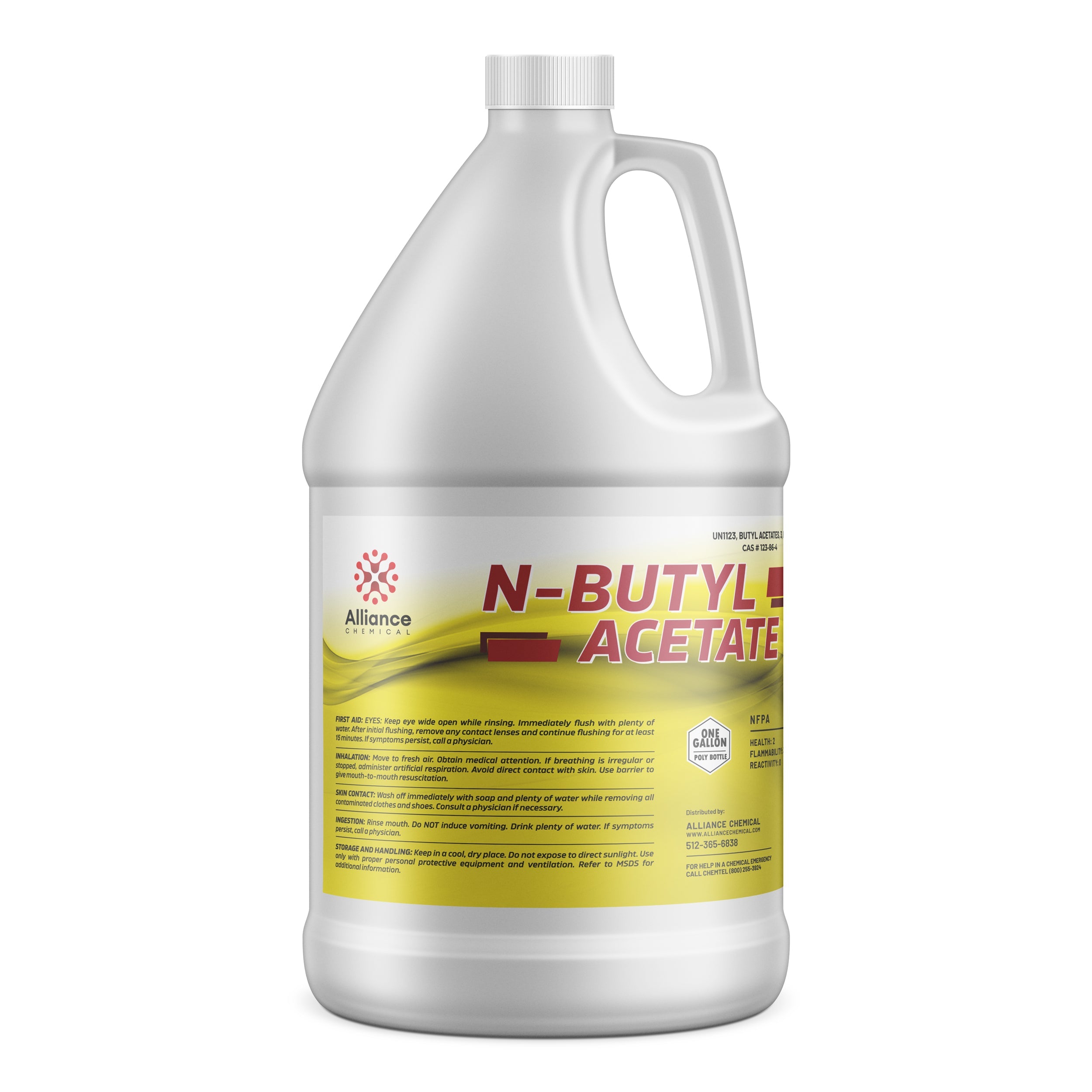 One-gallon HDPE container of N-Butyl Acetate solvent from Alliance Chemical, featuring safety instructions, NFPA diamond, and white-yellow gradient label design.