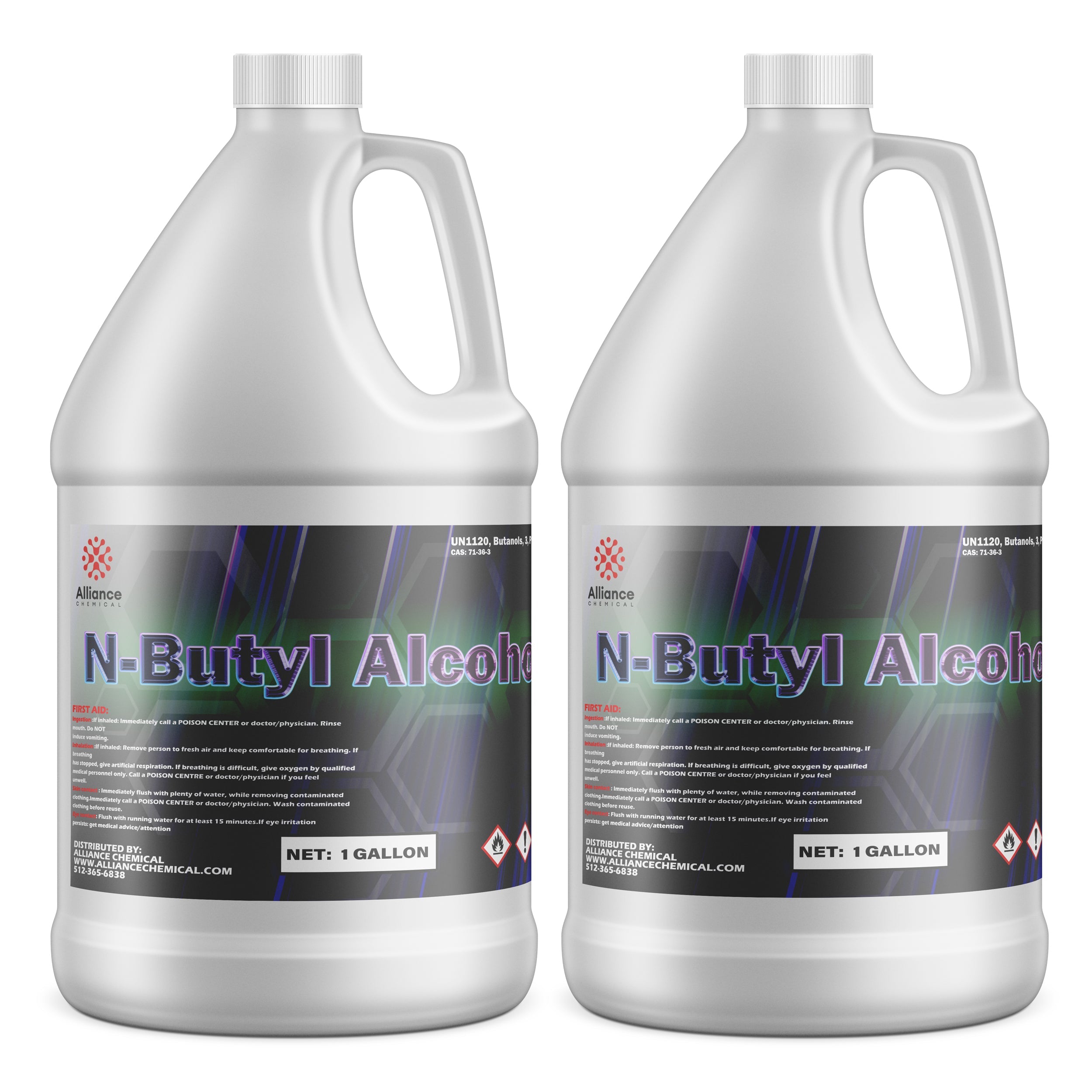 2-gallon set of N-Butyl Alcohol in white HDPE jugs with hazard warnings, first aid instructions, and UN1120 chemical identification label.