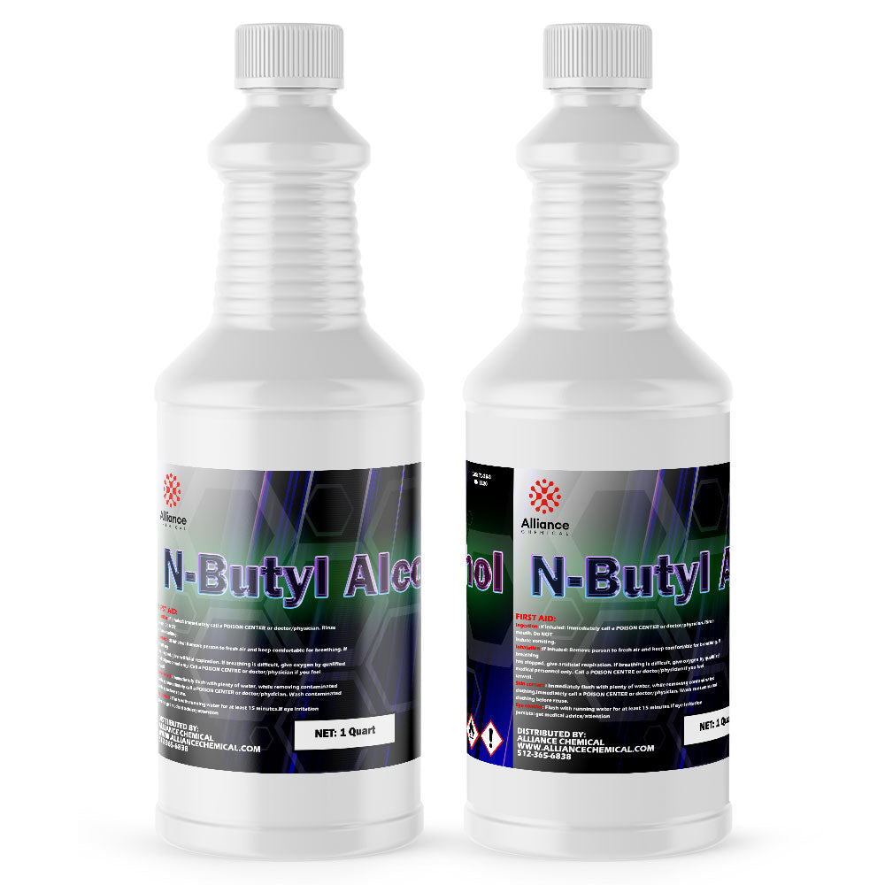 1-quart bottles of N-Butyl Alcohol in white HDPE containers with GHS hazard symbols, from Alliance Chemical, featuring safety warnings and ribbed grip design.