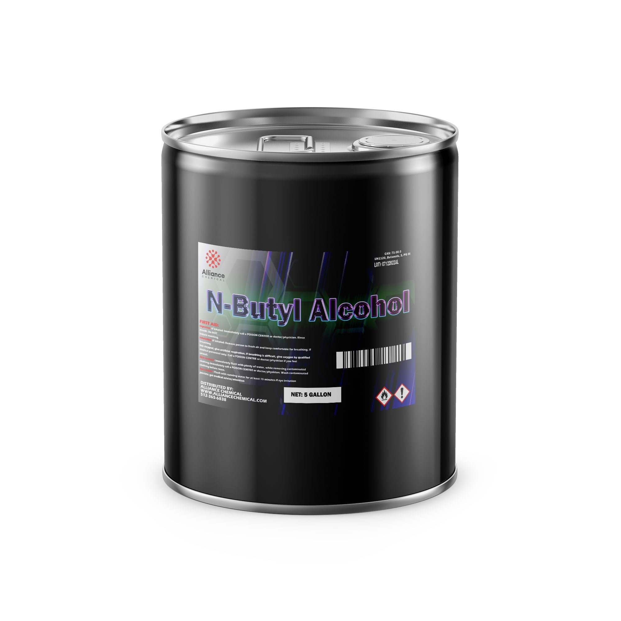 5-gallon black steel drum of N-Butyl Alcohol by Alliance Chemical, featuring hazard warning symbols, barcode, and secure industrial-grade lid with seal.