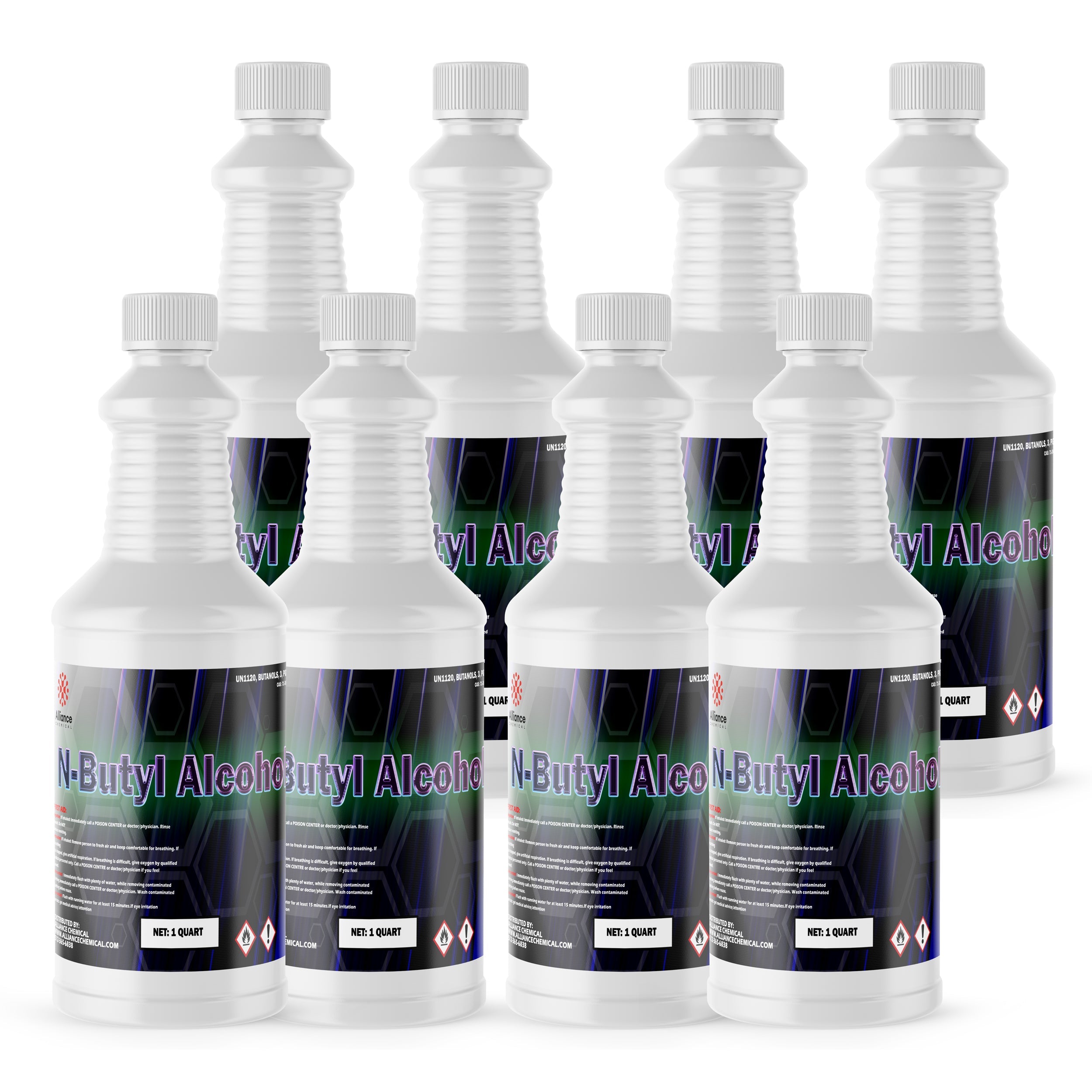 8x1-quart n-butyl alcohol in ribbed HDPE bottles with safety caps, hazard warning symbols, clear product labeling and blue-green industrial design.