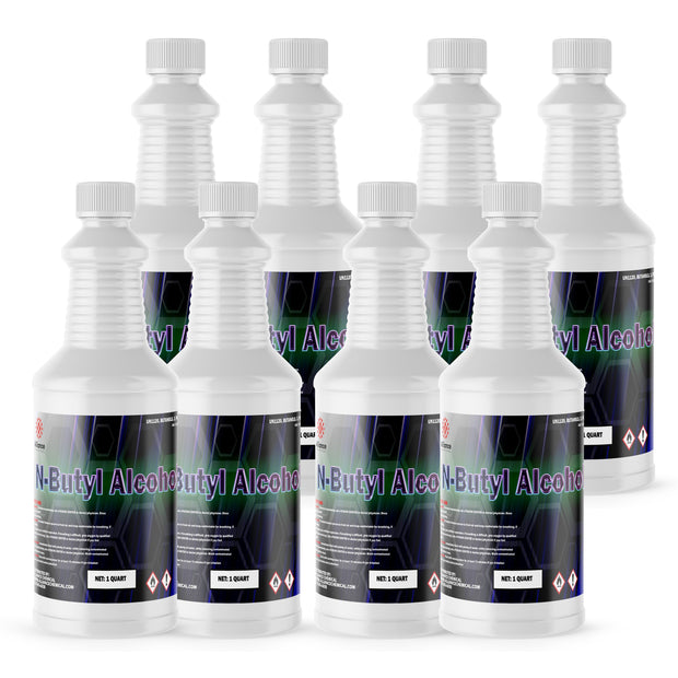 Seven 1-quart plastic bottles of Alliance Chemical N-Butyl Alcohol with white screw caps and product label.