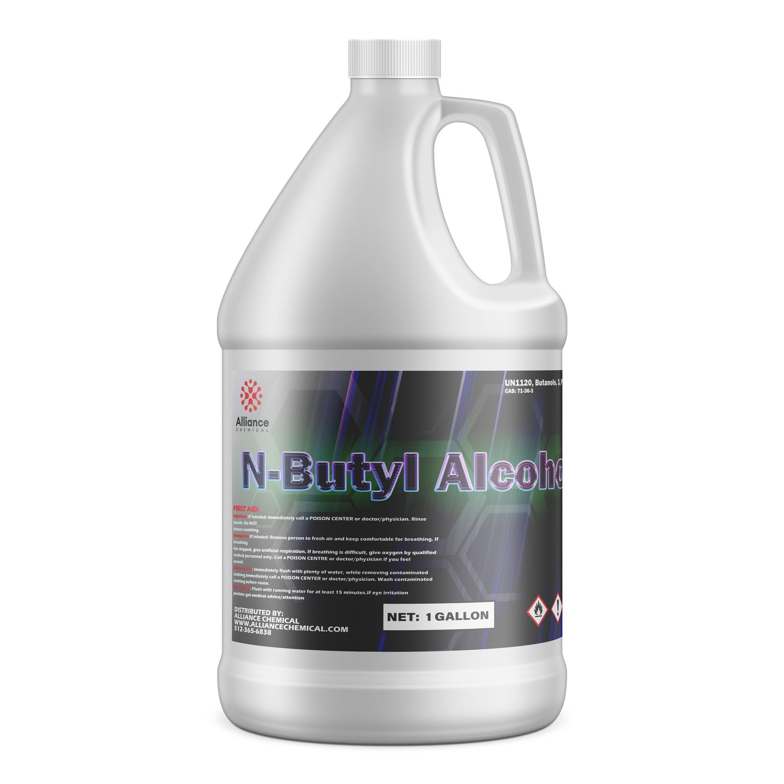 1-gallon plastic jug of n-butyl alcohol from Alliance Chemical with first aid instructions, hazardous material symbols, and metallic-gradient label design.