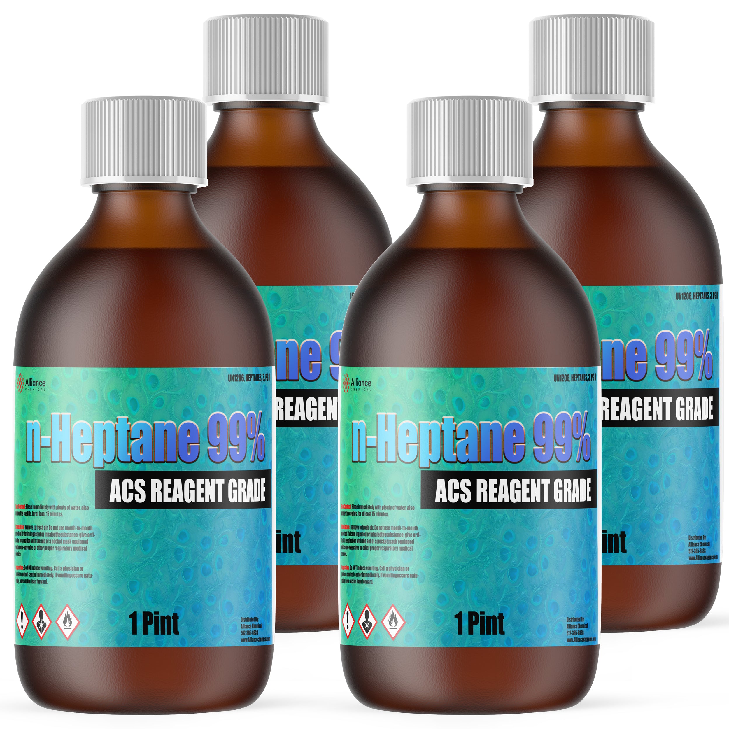1-pint amber glass bottles of 99% n-Heptane ACS reagent grade solvent with GHS hazard pictograms, white caps, and turquoise labeling, Alliance Chemical brand.