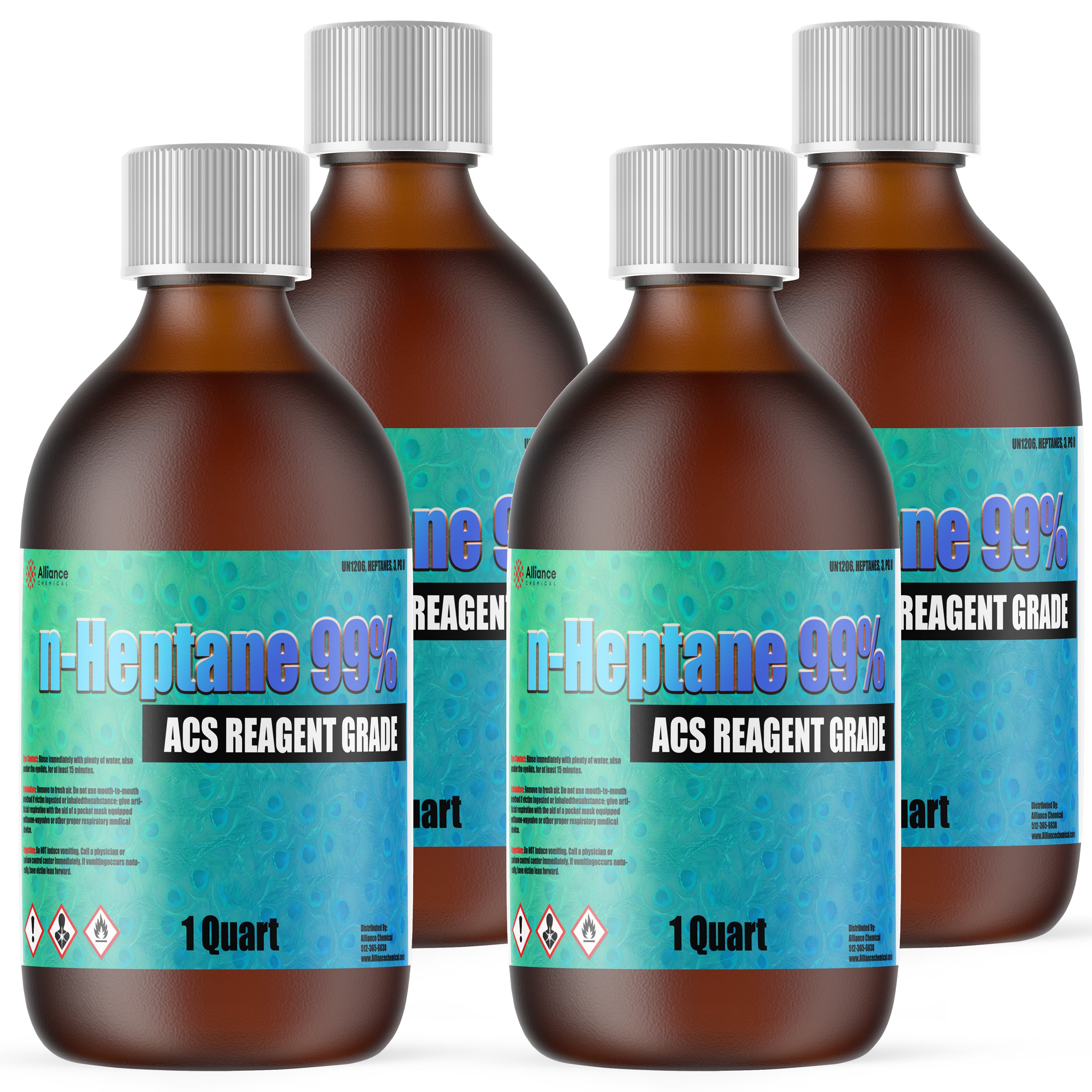 1-quart amber glass bottles of n-Heptane 99% ACS Reagent Grade solvent with GHS hazard symbols, white caps, and turquoise labeling.