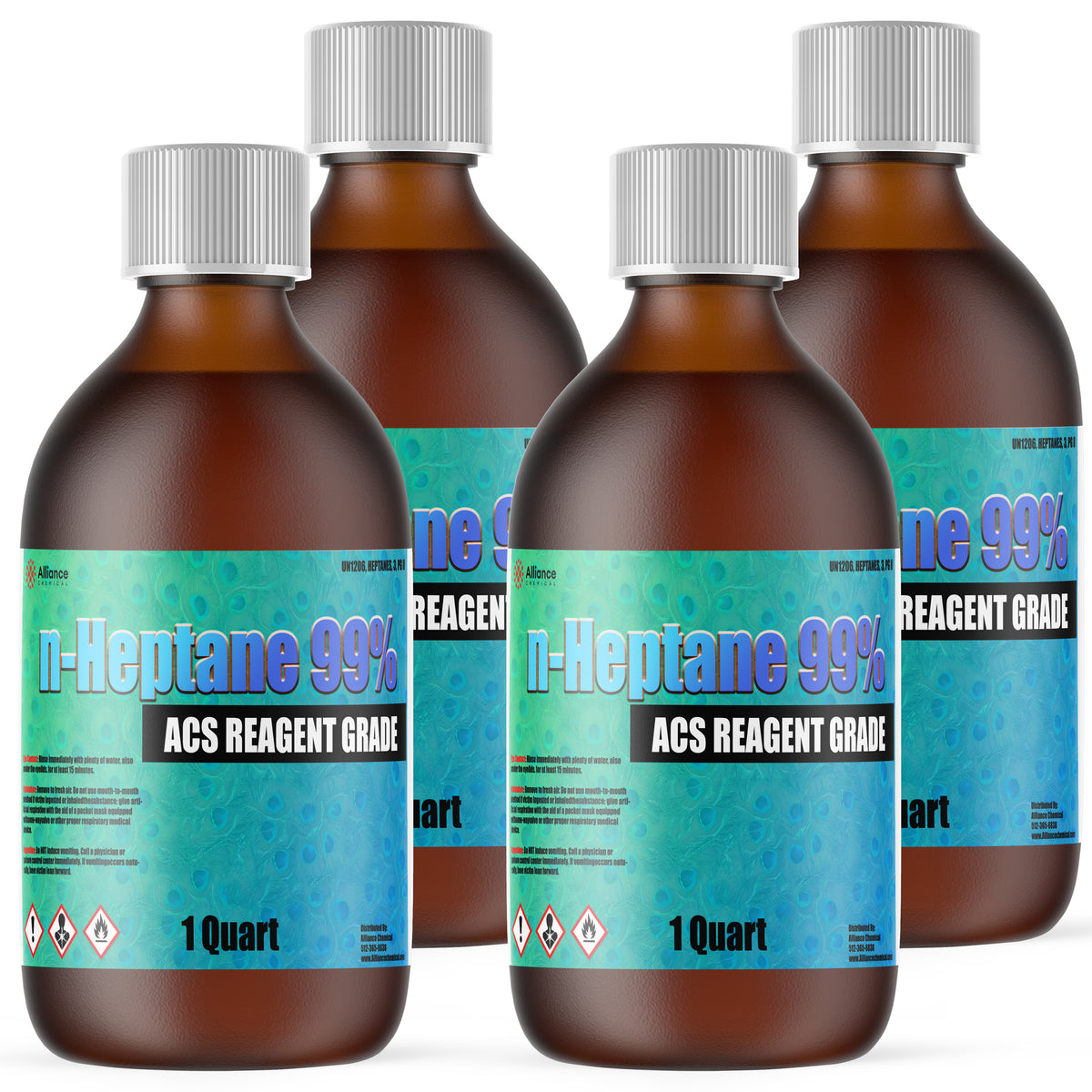 Four 1-Quart glass bottles of Alliance Chemical n-Heptane 99% ACS with white screw caps and product label.