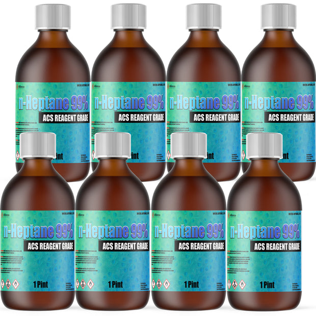 Eight 1-Pint glass bottles of Alliance Chemical n-Heptane 99% ACS with labels and silver-colored screw caps