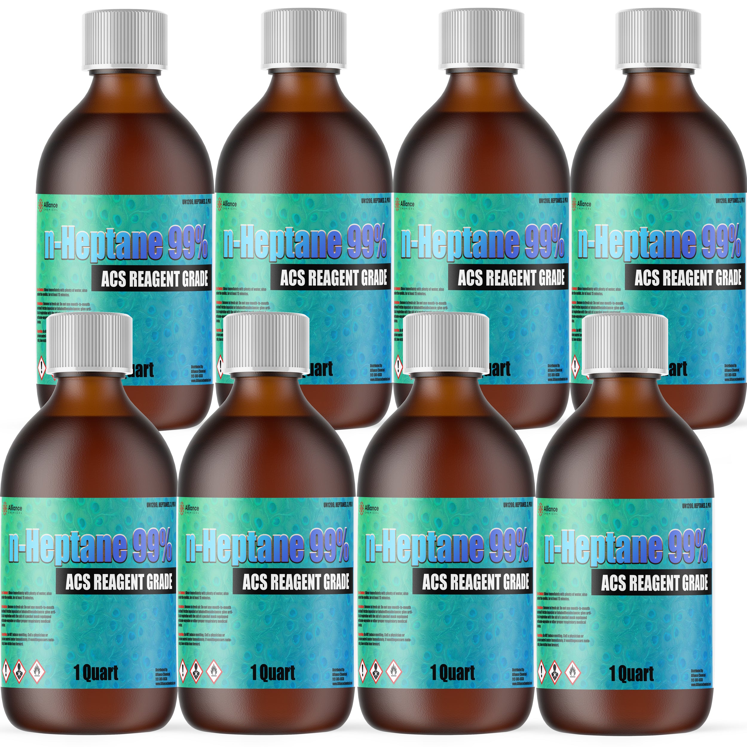 8x1-quart amber glass bottles of n-Heptane 99% ACS Reagent Grade solvent with GHS hazard symbols, turquoise labels, white caps, 1 Quart volume markers.