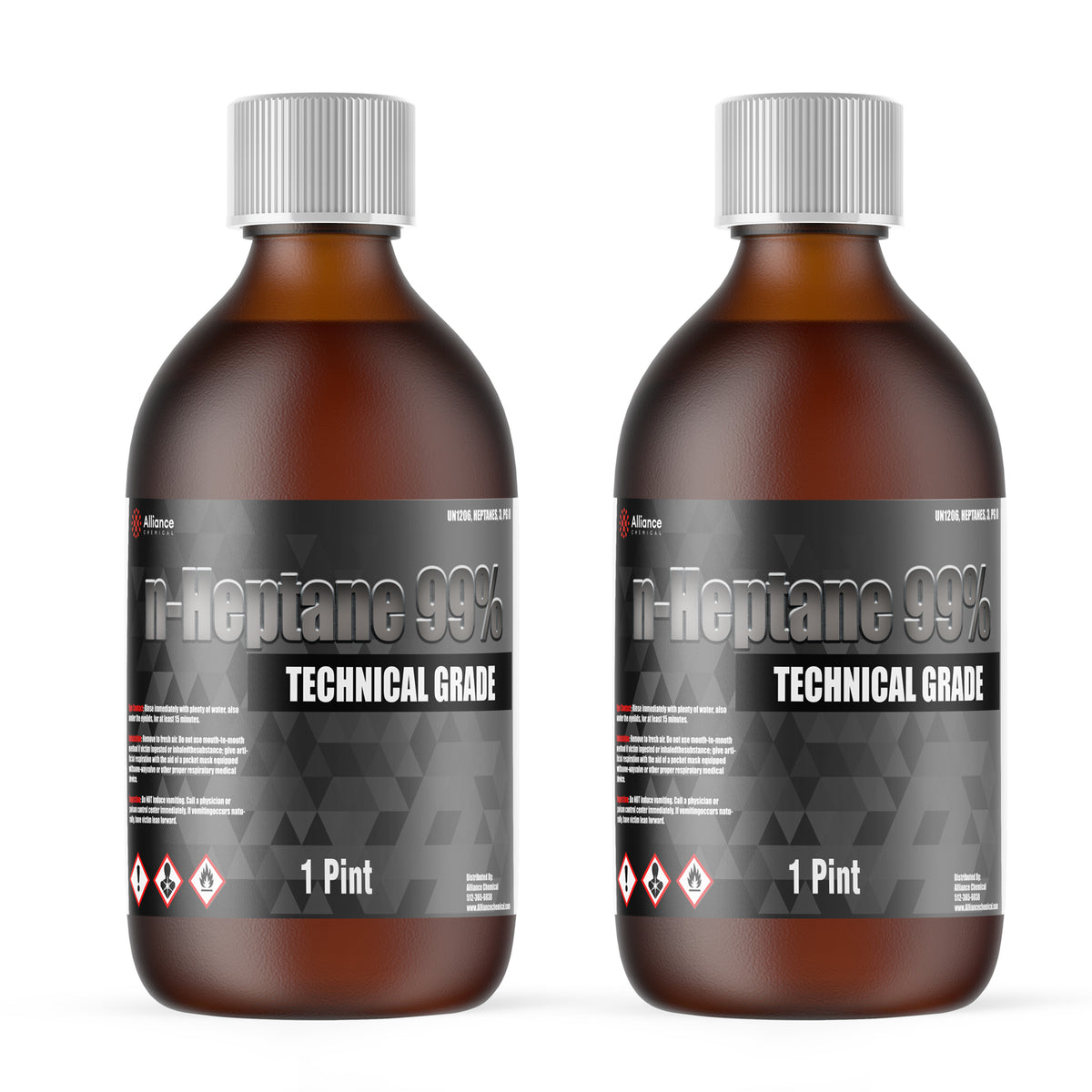 Alliance Chemical 1-pint amber glass bottles of Alliance n-Heptane 99% Technical Grade solvent, gray-black labels, and white