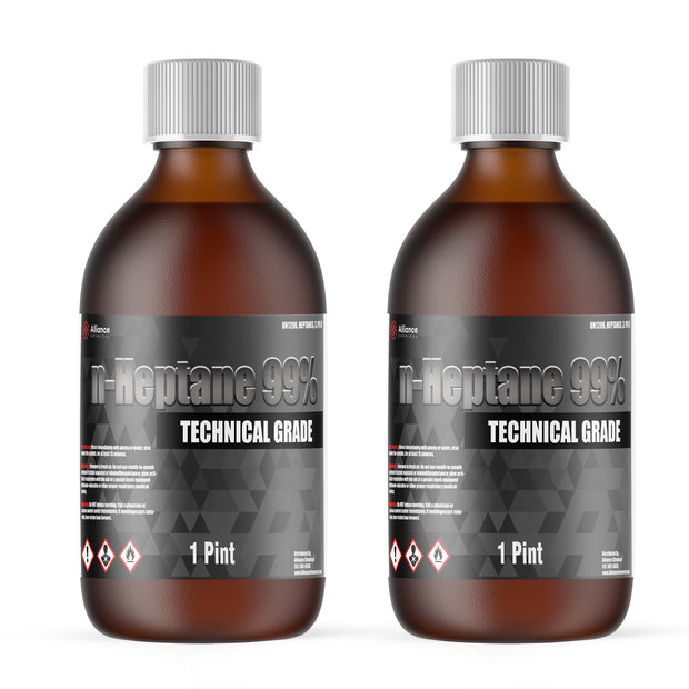 Alliance Chemical 1-pint amber glass bottles of Alliance n-Heptane 99% Technical Grade solvent, gray-black labels, and white