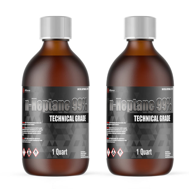 Two 1-quart glass bottles of Alliance Chemical n-Heptane 99% Technical Grade with white screw caps and product labels.