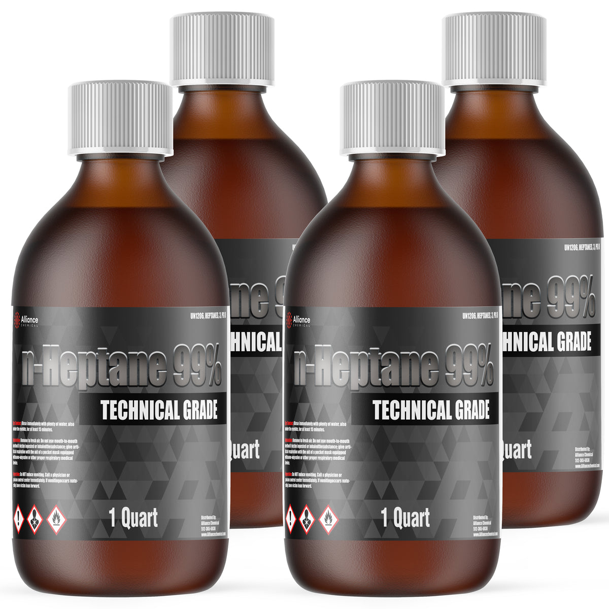 1-quart amber glass bottles of 99% n-Heptane Technical Grade solvent, gray labeling, and white ribbed caps - Alliance