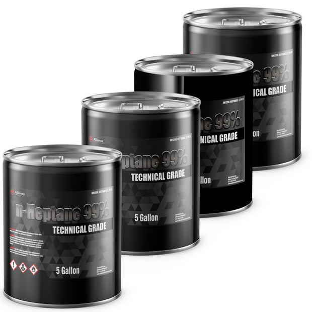 Four Alliance Chemical n-Heptane 99% Technical Grade 5-gallon steel pails with silver lids and labels.