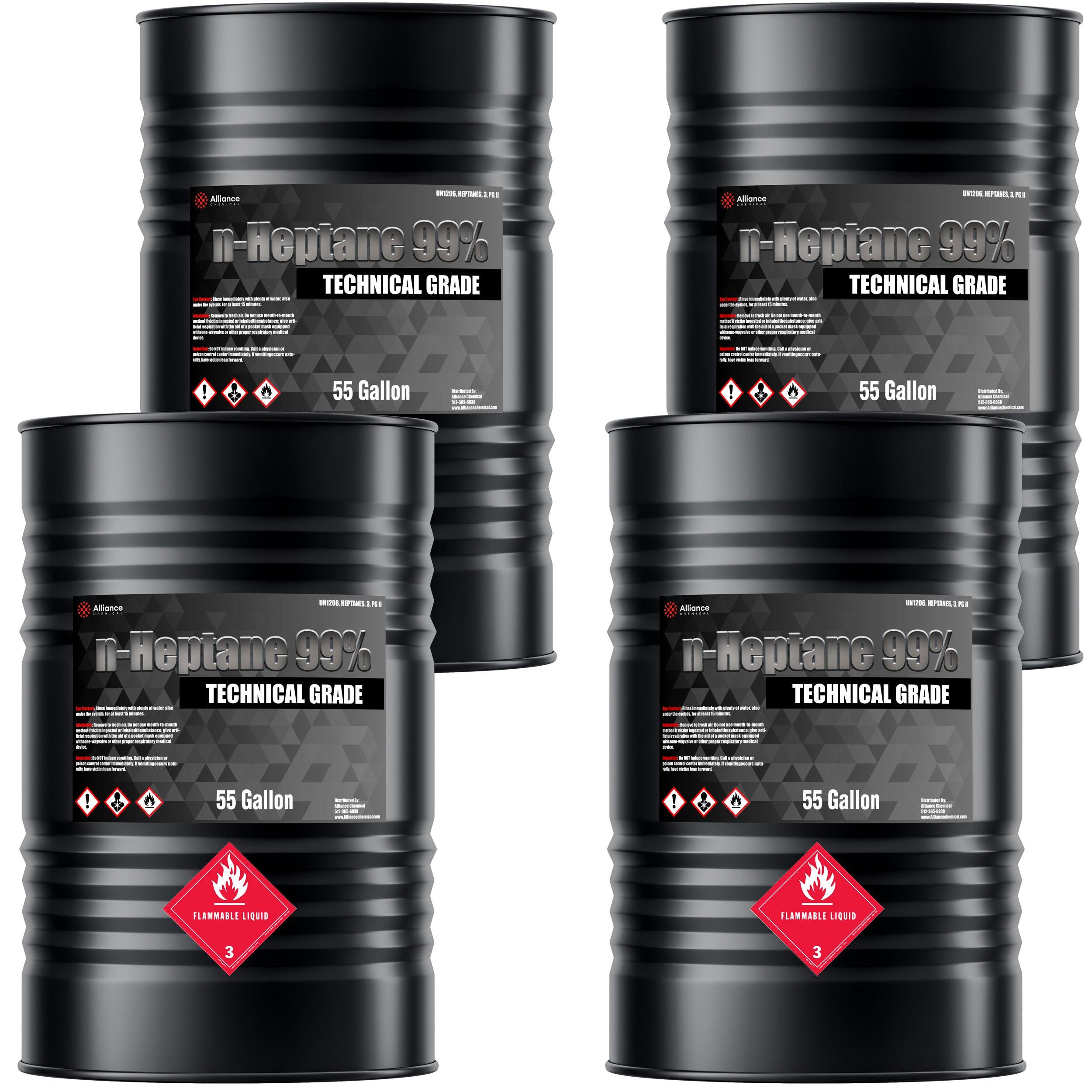 55-gallon drums of technical grade n-Heptane 99%, black industrial containers with flammable liquid Class 3 warning labels and hazard pictograms, Alliance Chemical.