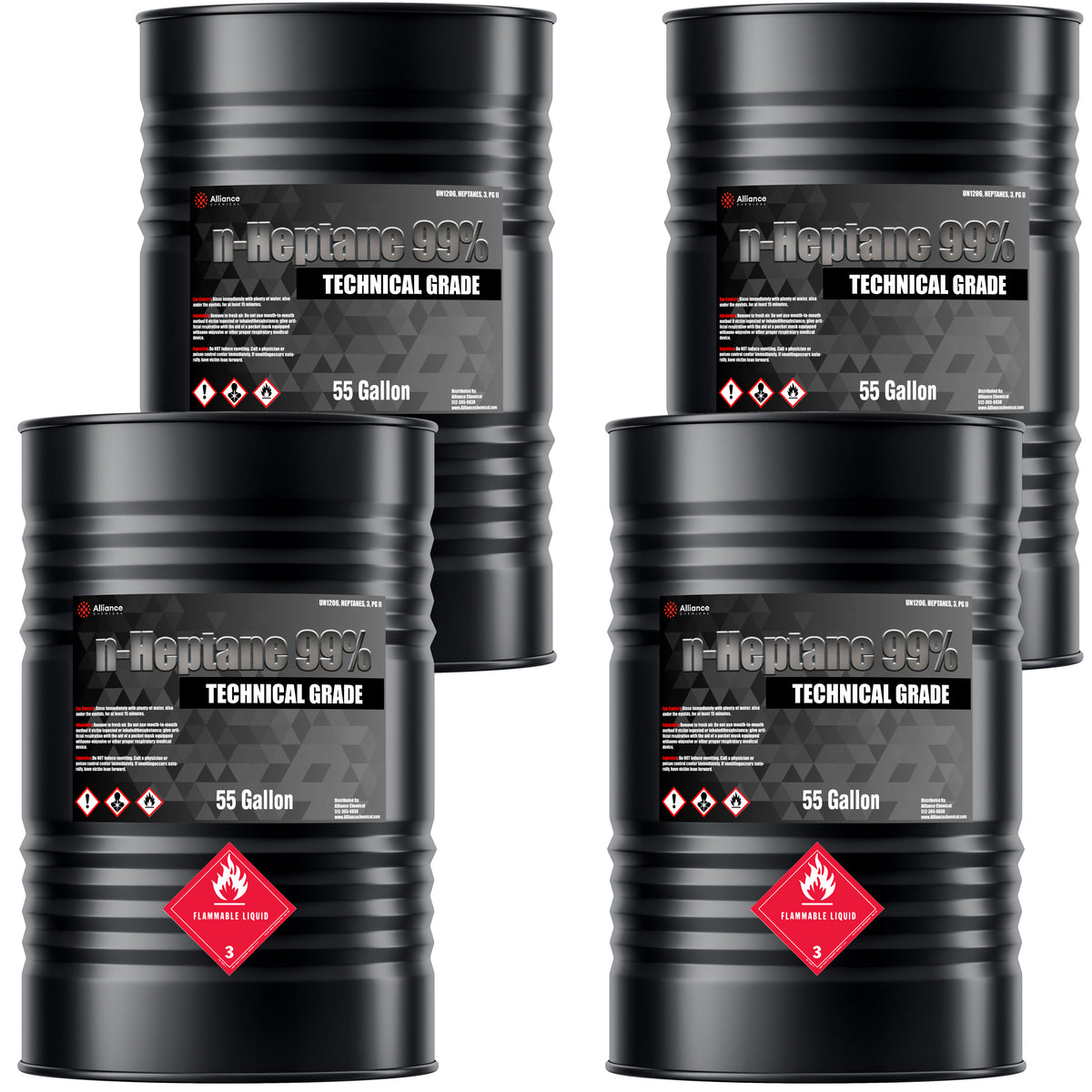 55-gallon drums of technical grade n-Heptane 99%, black industrial containers with flammable liquid, Alliance Chemical