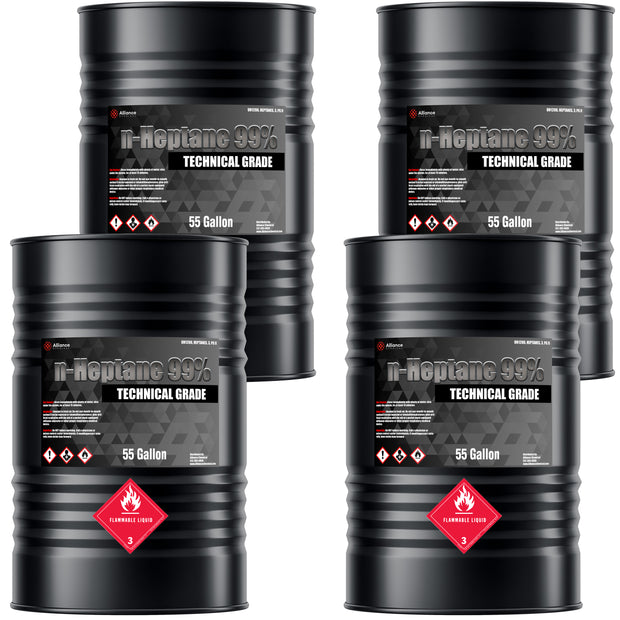 55-gallon drums of technical grade n-Heptane 99%, black industrial containers with flammable liquid, Alliance Chemical