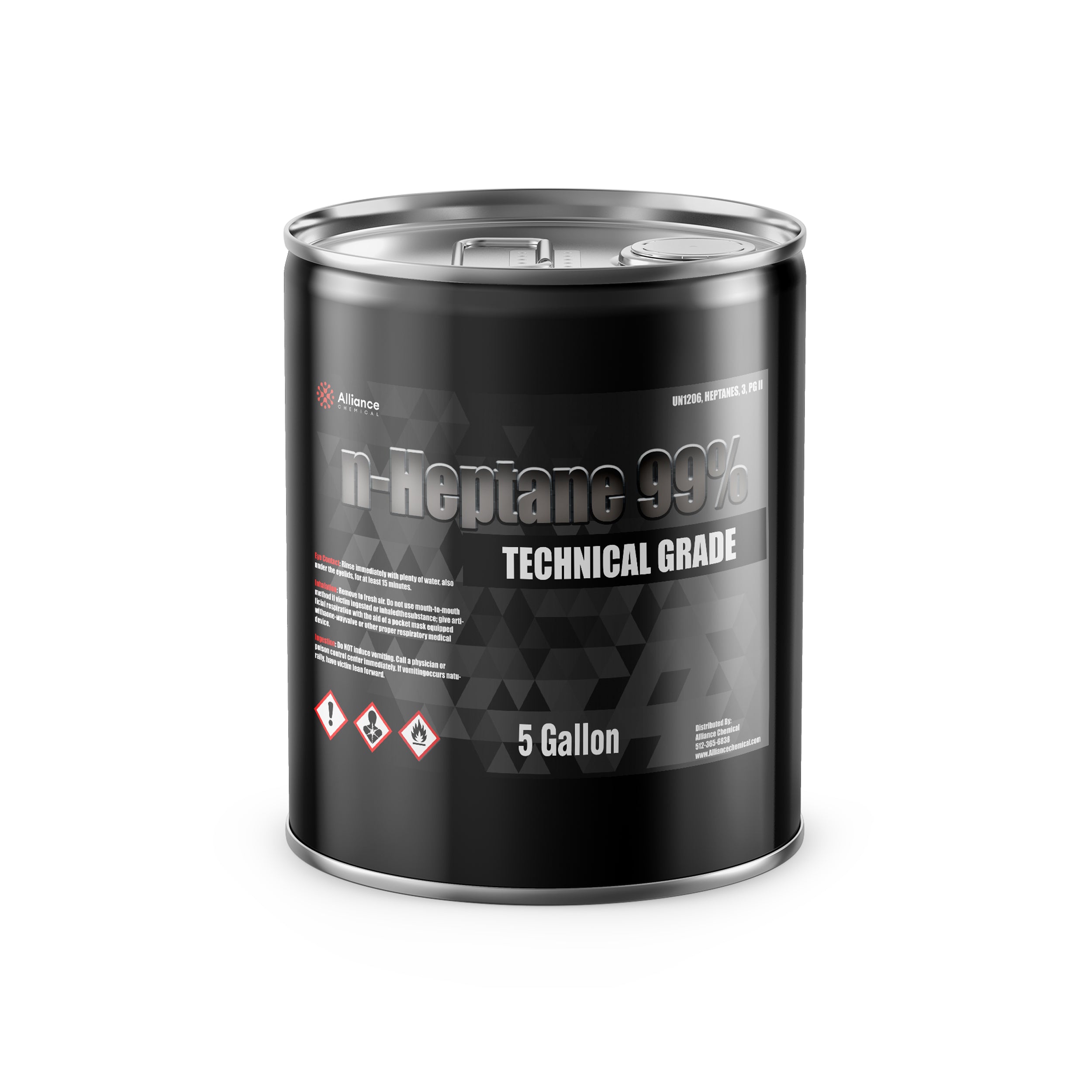 5-gallon steel drum of Alliance Chemical n-Heptane 99% Technical Grade solvent with flammable, health hazard, and irritant warning symbols on black container.