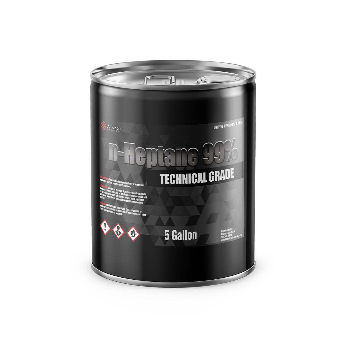 5-gallon steel drum of Alliance Chemical n-Heptane 99% Technical Grade solvent with flammable, health hazard, and irritant