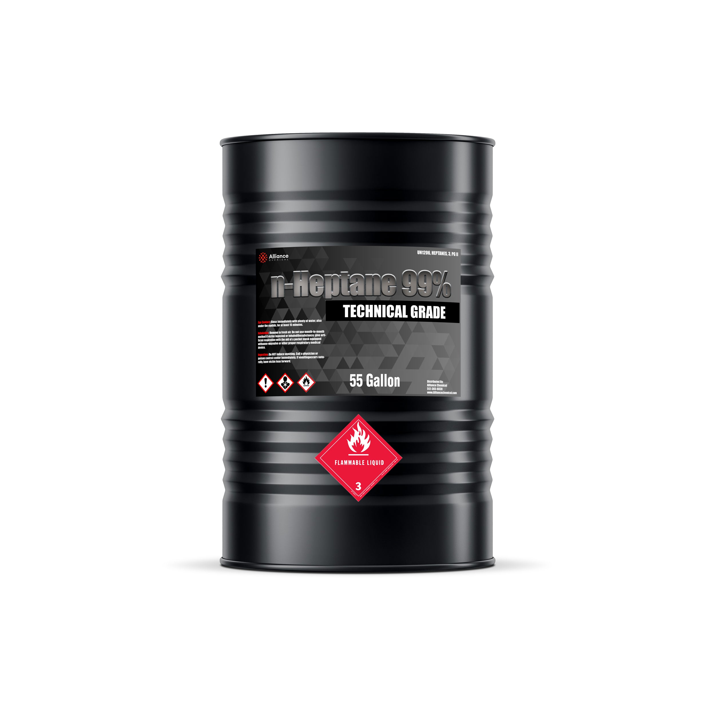 55-gallon black drum of n-Heptane 99% Technical Grade solvent with flammable liquid Class 3 warning label, hazard symbols, industrial-grade chemical packaging.