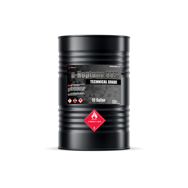 One 55-gallon steel drum of Alliance Chemical n-Heptane 99% Technical Grade with black finish and product label.
