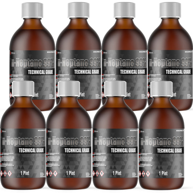 Eight 1-Pint glass bottles of Alliance Chemical n-Heptane 99% Technical Grade with silver screw cap and product label.