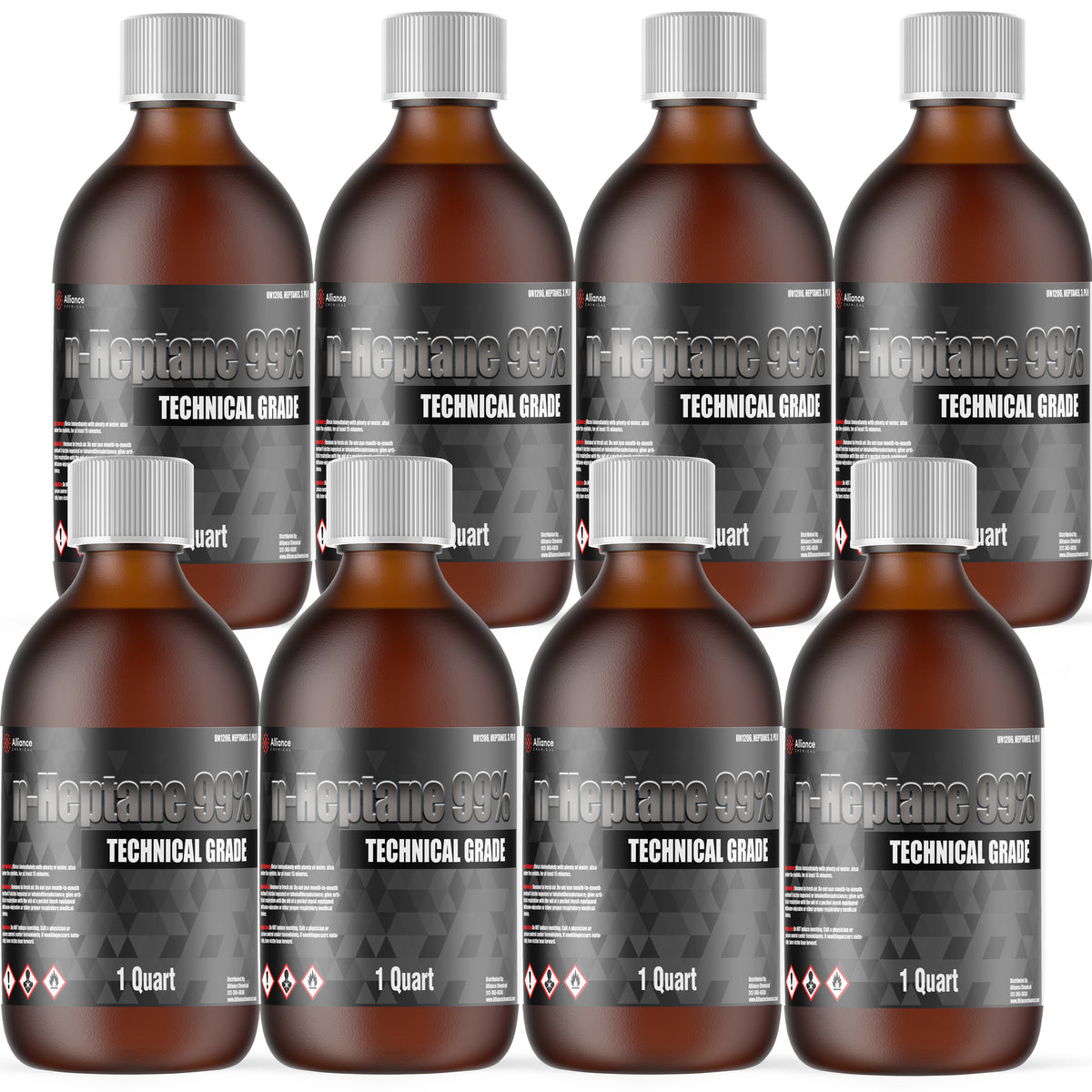 Eight 1-quart bottles of Alliance Chemical n-Heptane 99% Technical Grade with silver caps and product label.